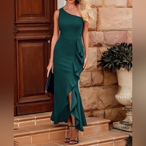 BTFBM Women One Shoulder Dresses Sleeveless Cocktail Bodycon Mermaid Ruffle - Picture 2 of 7